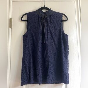 Karl Lagerfeld Navy Blue Lace Tank with Black Bow Neck